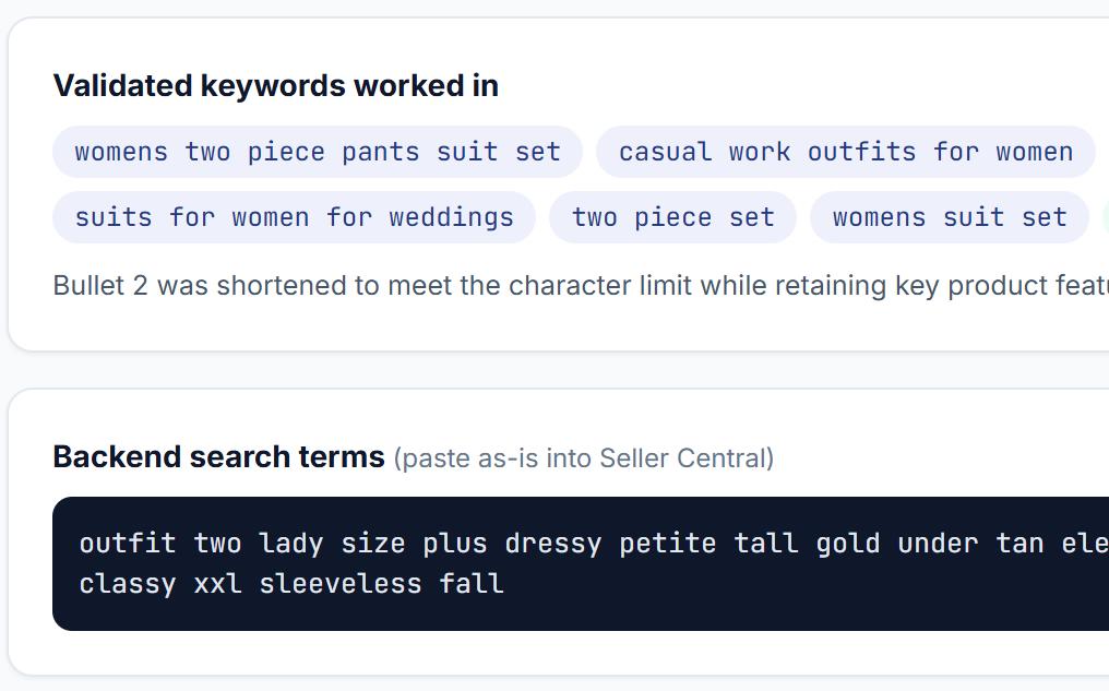 Validated listing keywords and ready-to-paste Seller Central backend search terms